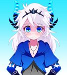  1girl arm_belt blue_background blue_eyes blush carlos_daniel crown diabla_(elsword) elsword gradient gradient_background hands_on_hips horns long_hair looking_at_viewer luciela_r._sourcream nose_blush pointy_ears solo upper_body white_hair 