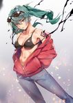  abs black_bra bra breasts collarbone commentary_request earrings eyewear_on_head floating_hair green_eyes green_hair hands_in_pockets hatsune_miku highres jewelry large_breasts long_hair looking_at_viewer navel off_shoulder pants rainmaker shoulder_tattoo solo suna_no_wakusei_(vocaloid) sunglasses tattoo twintails underwear vocaloid 