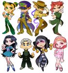  3girls 6+boys abeiyuuu arm_tattoo arms_behind_head beard belt black_coat black_eyes black_hair black_hood black_pants black_sclera black_shoes blonde_hair blue_eyes blue_sailor_collar blue_shirt blue_skirt boots braid brown_belt brown_hat brown_pants chain cherry_earrings clenched_hands closed_mouth coat colored_sclera deformed diamond_wa_kudakenai double_bun dress earrings facial_hair food-themed_earrings frown full_body gakuran gloves green_coat green_eyes green_hair green_jacket green_lips green_pants grey_hair grey_pants grey_shoes grin hair_bun hairband hand_in_pocket hand_on_own_hip hat hermit_purple high_collar highres hirose_koichi hood hood_up jacket jewelry jojo_no_kimyou_na_bouken jojo_pose joseph_joestar joseph_joestar_(old) kakyoin_noriaki kakyoin_noriaki's_pose kujo_jolyne kujo_jotaro long_coat long_hair long_sleeves looking_at_viewer makeup multicolored_hair multiple_boys multiple_girls neckerchief nervous old old_man one_eye_closed open_clothes open_coat open_mouth pants pink_dress pink_eyes pink_hair plant purple_coat purple_hat purple_neckerchief red_hair risotto_nero sailor_collar sandals school_uniform serafuku shirt shoes short_hair simple_background skirt smile stand_(jojo) standing stone_ocean striped_clothes striped_pants sugimoto_reimi sweat sweatdrop tattoo thorns two-tone_hair v-shaped_eyebrows vento_aureo vines white_background white_gloves wristband yamagishi_yukako yellow_hairband yellow_pants yellow_shirt 