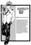  baggy_clothes boku_no_hero_academia character_profile directional_arrow english fake_scan fang fang_out full_body greyscale hands_in_pockets headband male_focus monochrome original pointy_ears protected_link simple_background solo spiked_hair standing standing_on_one_leg u.a._school_uniform waving white_background zhineart 