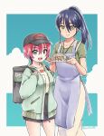  2girls amate_yuzuriha apron aqua_eyes backpack bag bob_cut border brand_name_imitation closed_mouth cloud collarbone commentary_request cowboy_shot gquuuuuux green_jacket gundam gundam_gquuuuuux hainanese_chicken_rice hair_between_eyes height_difference high-waist_shorts highres holding holding_plate holding_strap insulated_delivery_bag jacket looking_at_viewer multiple_girls nyaan_(gundam_gquuuuuux) ooshiro_youkou open_clothes open_jacket open_mouth outline outside_border paper_texture plate ponytail purple_apron raised_inner_eyebrows red_hair shirt shorts smile t-shirt twitter_username uber_eats visor_cap white_border white_outline 