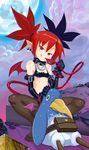  black_gloves breasts choker demon_girl demon_tail demon_wings disgaea draw-till-death earrings elbow_gloves etna gloves highres jewelry looking_at_viewer makai_senki_disgaea prinny red_eyes red_hair red_wings skull_earrings slit_pupils small_breasts smile squatting stomach sweat tail twintails wings 