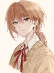  1boy absurdres banquet_of_vesta brown_hair cardigan chinese_commentary closed_mouth collared_shirt cropped_torso green_eyes hair_between_eyes highres huiyue1016 long_hair looking_at_viewer looking_to_the_side low_ponytail male_focus milo_demetrio neck_ribbon ponytail red_ribbon ribbon shirt simple_background smile solo striped_ribbon white_background white_shirt yellow_cardigan 