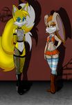  anthro blue_eyes breasts canine clothed clothing collar cream_the_rabbit dipstick_tail duo female fishnet fishnet_armwear fishnet_legwear footwear fox fur girly hi_res high_heels lagomorph legwear male mammal miles_prower multi_tail multicolored_tail prostitution rabbit shoes smile sonic_(series) stockings 