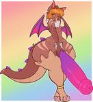  balls blonde_hair brown_nipples chest_tuft dragon erection gradient_background hair hand_on_penis hi_res humanoid_penis hyper hyper_penis male nipples orange_hair penis pink_penis simple_background solo tehbuttercookie thick_tail thick_thighs tongue tongue_out tuft wide_hips wings 