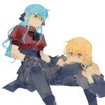  2girls absurdres bang_dream! bang_dream!_it's_mygo!!!!! biting_another's_leg black_gloves black_pantyhose blonde_hair blue_hair chinese_commentary clothing_cutout commentary_request doloris_(bang_dream!) gloves hair_between_eyes highres lingchun-renji long_hair misumi_uika multiple_girls oblivionis_(bang_dream!) pantyhose purple_eyes red_shirt saliva shirt shoulder_cutout sidelocks simple_background togawa_sakiko white_background yuri 