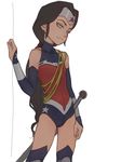  bare_shoulders black_hair blue_eyes dc_comics detached_sleeves headpiece lasso lasso_of_truth leotard long_hair low_ponytail season_(artist) solo superhero sword thighhighs turtleneck very_long_hair weapon wonder_woman wonder_woman_(series) younger 