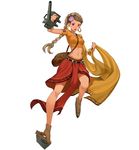  ankle_boots arm_up bag between_breasts boots bracelet braid breasts brown_footwear brown_hair clenched_hand earrings flower full_body hair_flower hair_ornament holding holding_weapon hoop_earrings jewelry leg_up legs_apart loincloth long_hair looking_at_viewer navel official_art pink_eyes rawalpindi_(victory_belles) red_skirt salmon88 short_sleeves shoulder_bag simple_background single_braid skirt solo stomach strap_cleavage union_jack victory_belles weapon white_background 