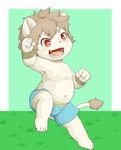  anthro blush brown_hair clothed clothing cub feline fur hair lion mammal navel nipples norphen open_mouth red_eyes shorts simple_background solo topless white_fur young 