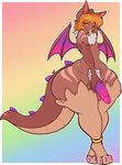  balls blonde_hair brown_nipples chest_tuft dragon erection gradient_background hair hand_on_penis hi_res humanoid_penis male nipples orange_hair penis pink_penis simple_background solo tehbuttercookie thick_tail thick_thighs tongue tongue_out tuft wide_hips wings 