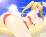  1girl ass bad_id bad_pixiv_id blonde_hair breasts cloud day fate/grand_order fate_(series) flat_ass green_eyes lens_flare long_hair looking_at_viewer looking_to_the_side medium_breasts nero_claudius_(fate)_(all) nero_claudius_(swimsuit_caster)_(fate) red_swimsuit smile solo striped striped_swimsuit swimsuit thighs twintails water white_swimsuit 