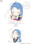  &gt;_&lt; 2koma blue_eyes brain_freeze closed_eyes comic commentary_request eating food heart highres kantai_collection long_hair mae_(maesanpicture) samidare_(kantai_collection) shaved_ice spoken_heart twitter_username white_background 