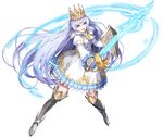  blue_eyes cross crown dress gauntlets glowing glowing_sword glowing_weapon greaves holding holding_shield holding_sword holding_weapon juliet_sleeves knight long_hair long_sleeves looking_at_viewer observerz official_art open_mouth original princess puffy_sleeves shield silver_hair simple_background solo standing sword weapon white_background 