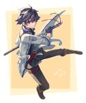  1boy black_hair boots border closed_mouth coat dated eiyuu_densetsu feng_you floating_clothes full_body gloves hair_between_eyes holding holding_sword holding_weapon katana looking_at_viewer male_focus open_clothes open_coat pants pommel_tassel purple_eyes rean_schwarzer sen_no_kiseki_(series) sen_no_kiseki_iii short_hair smile solo sword tassel three-toned_background weapon white_border wing_collar yellow_background 