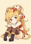  animal_ears bandeau bare_shoulders blonde_hair bracelet brown_legwear commentary crossed_arms feathers full_body gold_trim granblue_fantasy hair_feathers harvin jewelry jingai_modoki long_hair looking_at_viewer mahira_(granblue_fantasy) orange_eyes panties sitting solo thighhighs twitter_username underwear very_long_hair white_panties 