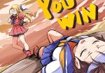  2girls bike_shorts bike_shorts_under_skirt black_shorts blonde_hair blue_neckerchief blue_sailor_collar blue_skirt brown_hair defeat hand_on_own_hip highres ikaringo_(ikaringo4444) kanzuki_karin kasugano_sakura long_hair lying multiple_girls neckerchief on_back on_ground open_mouth pleated_skirt red_serafuku red_shirt red_skirt sailor_collar school_uniform serafuku shirt short_hair short_sleeves shorts skirt street_fighter victory white_shirt yellow_neckerchief 