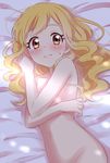  absurdres aikatsu!_(series) aikatsu_stars! bangs bed bed_sheet blonde_hair blush breasts brown_eyes covering covering_breasts from_above groin highres long_hair looking_at_viewer lying navel nijino_yume nude on_back on_bed sekina small_breasts solo sweatdrop upper_body wavy_mouth 