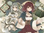  2girls atelier_(series) atelier_sophie book breasts brown_corset brown_eyes bug butterfly closed_mouth commentary_request corset covered_navel floating floating_book floating_object grey_hair headscarf highres holding holding_quill kuromame_(honey_728) medium_hair multiple_girls open_book plachta quill red_hair red_skirt skirt small_breasts smile sophie_neuenmuller wide_sleeves yellow_headscarf 