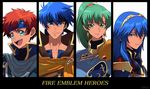  2girls armor blue_eyes blue_hair cape cosplay eliwood_(fire_emblem) eliwood_(fire_emblem)_(cosplay) fire_emblem fire_emblem:_fuuin_no_tsurugi fire_emblem:_kakusei fire_emblem:_rekka_no_ken fire_emblem:_souen_no_kiseki fire_emblem_heroes green_eyes green_hair greil greil_(cosplay) headband high_ponytail highres ike kuruto. long_hair lucina lyndis_(fire_emblem) multiple_boys multiple_girls ponytail red_hair roy_(fire_emblem) short_hair smile tiara 