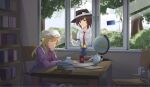  2girls arm_rest black_hat blonde_hair book book_stack bookshelf bow brown_eyes brown_hair bush buttons closed_mouth collared_dress collared_shirt cup dress dress_ribbon flower flower_pot frilled_dress frilled_shirt_collar frills furahata_gen globe hair_bow hand_on_own_cheek hand_on_own_face hand_on_window hat hat_bow indoors long_dress long_sleeves looking_at_another maribel_hearn medium_hair mob_cap multiple_girls open_mouth outdoors paper puffy_long_sleeves puffy_sleeves purple_dress red_bow shirt sitting sleeping sleeping_upright sleeve_cuffs sleeve_garter smile standing table teacup teapot touhou tree usami_renko utility_pole white_bow white_hat white_shirt window 