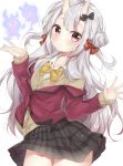  1girl alternate_costume alternate_hairstyle commentary_request gau_(n00_shi) hair_bun hair_ribbon highres hitodama hololive horns long_hair looking_at_viewer nakiri_ayame oni_horns red_eyes ribbon school_uniform solo virtual_youtuber white_background white_hair 