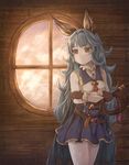  belt blue_hair blue_skirt blush breasts brown_eyes brown_gloves cloud commentary cowboy_shot crossed_arms earrings erune eyebrows_visible_through_hair ferry_(granblue_fantasy) gloves granblue_fantasy high-waist_skirt highres hikari_niji holding holding_weapon holding_whip indoors jewelry long_hair looking_at_viewer looking_away medium_breasts neckerchief parted_lips sailor_collar shirt skirt sky sleeveless sleeveless_shirt solo standing sunset very_long_hair weapon white_shirt window wooden_wall 