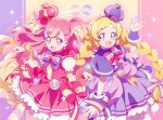  2girls :d arched_crown arm_up blonde_hair blue_eyes bow bow_earrings braid bright_pupils brooch butterfly_earrings capelet chest_bow commentary crown cure_friendy cure_wonderful curled_fingers deerstalker dress dress_bow earrings english_text feet_out_of_frame four-pointed_star frilled_wrist_cuffs frills gold_hairband hair_bow hairband hands_up hat hat_ornament heart heart_brooch heart_hat_ornament highres inukai_iroha inukai_komugi jewelry layered_dress long_hair looking_at_viewer low-tied_long_hair low_twin_braids magical_girl mini_crown multicolored_bow multicolored_hair multiple_girls open_mouth pact_holder pantyhose petticoat pink_background pink_bow pink_capelet pink_crown pink_dress pink_hair pink_pantyhose pink_wrist_cuffs pouch precure puffy_short_sleeves puffy_sleeves purple_background purple_bow purple_capelet purple_dress purple_eyes purple_hairband purple_hat purple_wrist_cuffs qianxia_yell short_dress short_sleeves side-by-side sleeveless sleeveless_dress smile star_(symbol) star_symbol_background striped_bow striped_clothes striped_pantyhose thighhighs three-toned_background tilted_headwear twin_braids two-tone_hair two-tone_pantyhose two_side_up very_long_hair white_thighhighs wonderful_pact wonderful_precure! wrist_cuffs yellow_background yellow_pantyhose yellow_pupils zettai_ryouiki 