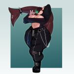 absurd_res anthro arthurdderhof big_breasts big_tail boots border breasts brown_body brown_hair claws cleavage clothed clothing ear_piercing female fish footwear furgonomics furry-specific_piercing gradient_background hair hi_res highlights_(coloring) huge_hips lips lipstick makeup marine multicolored_body nina_deepwaters piercing shark shoes simple_background solo spiked_tailband tail tail_piercing two_tone_body white_border wide_hips