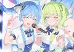  2girls absurdres arahashi_tabi blue_bow blue_bowtie blue_eyes blue_hair bow bowtie catch_(catch9030) center_frills choppy_bangs collared_shirt colored_lapels confetti floating_hair frilled_shirt frills green_hair grin gyaru_v hands_up hashtag-only_commentary highres holding holding_microphone jacket lapel_pin lapels light_blush long_hair microphone multicolored_hair multiple_girls one_eye_closed open_clothes open_jacket open_mouth purple_eyes shirt short_sleeves side_ponytail smile stellive streaked_hair striped_bow striped_bowtie striped_clothes sweat underbust upper_body v virtual_youtuber white_jacket white_shirt wing_collar wristband yuzuha_riko 