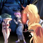  animal_ears apron blonde_hair blue_hair blush breasts hair_bobbles hair_ornament hat horn horns hoshiguma_yuugi ibuki_suika japanese_clothes kawashiro_nitori long_hair medium_breasts multiple_girls mystia_lorelei naked_ribbon okamisty pink_hair ribbon short_hair star touhou two_side_up wancozow 