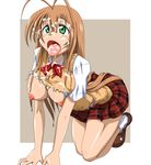  all_fours blush breasts cum ikkitousen large_breasts nipples non_(number) school_uniform sonsaku_hakufu torn_clothes 