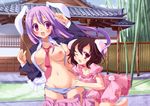  animal_ears assisted_exposure breasts brown_hair bunny_ears inaba_tewi long_hair medium_breasts multiple_girls navel nipples no_bra open_clothes open_shirt panties panty_pull purple_hair red_eyes reisen_udongein_inaba shirt short_hair striped striped_panties touhou underwear undressing yayoi_and_nagi 