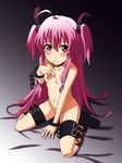  ahoge angel_beats! ankle_lace-up bdsm belt bondage bound censored chain choker covering covering_crotch cross cross-laced_footwear cuffs hair_censor handcuffs long_hair naked_belt nude pink_eyes pink_hair sitting slave solo tears thigh_strap two_side_up wariza wavy_mouth yu_(a1026y) yui_(angel_beats!) 
