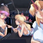  angry animal_ears blonde_hair blush bow breast_poke breasts breasts_apart commentary_request eel food_stand hair_bow hat horn horns hoshiguma_yuugi ibuki_suika japanese_clothes knife long_hair multiple_girls mystia_lorelei nipple_slip nipples okamisty open_clothes open_shirt pink_hair pinky_out poking red_eyes shirt short_hair small_breasts touhou v_arms wancozow yatai yuri 