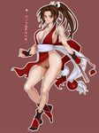  bare_shoulders blush breasts brown_eyes brown_hair bula cleavage closed_fan fan fatal_fury fingerless_gloves folding_fan gloves japanese_clothes large_breasts no_panties ponytail pubic_hair shiranui_mai side_slit solo tabi the_king_of_fighters 