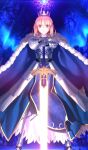  1girl ahoge armor armored_boots armored_dress artoria_pendragon_(fate) blonde_hair blue_background blue_cape blue_dress boots braid cape closed_mouth commentary_request crown dress excalibur_(fate/stay_night) fate/grand_order fate_(series) fur-trimmed_cape fur_trim game_cg gauntlets glowing glowing_sword glowing_weapon green_eyes hands_on_hilt holding holding_sword holding_weapon looking_at_viewer official_art own_hands_together plackart planted planted_sword saber_(fate) short_hair solo sword takeuchi_takashi third-party_source weapon white_background 