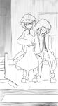  3others androgynous arm_around_neck bare_legs boots building closed_mouth collared_shirt crosswalk faceless frilled_headwear from_behind greyscale hair_between_eyes hat height_difference hug image_sample jandare len'en long_sleeves looking_at_viewer loose_socks mob_cap monochrome multiple_others non-web_source other_focus pixiv_sample rain sad shirt shitodo_aoji shitodo_hooaka shitodo_kuroji short_hair shorts siblings sidewalk sleeves_past_wrists socks standing wet window zipper 