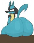  2019 big_butt butt canine hi_res huge_butt looking_back lucario lukethelucario male mammal nintendo nude pok&eacute;mon pok&eacute;mon_(species) simple_background sitting solo thick_thighs video_games wide_hips 