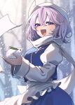  animal apron commentary_request highres holding holding_animal lapel_pin letty_whiterock medium_hair open_mouth purple_eyes purple_hair scarf snow snowing sumiyama_sui touhou triangular_headpiece waist_apron white_scarf 