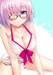  :o absurdres ass_visible_through_thighs bangs black-framed_eyewear blush bow bow_swimsuit breasts cleavage collarbone dombear dress_swimsuit eyebrows_visible_through_hair fate/grand_order fate_(series) glasses hair_over_one_eye highres large_breasts lavender_hair looking_at_viewer mash_kyrielight open_mouth partially_visible_vulva pink_bow purple_eyes see-through shiny shiny_hair shiny_skin short_hair simple_background sitting solo sweatdrop swimsuit swimsuit_of_perpetual_summer upper_body wet wet_clothes white_swimsuit 