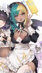  3girls :d apron aqua_hair black_dress black_hair black_mask blonde_hair blue_eyes blunt_bangs breasts canari_(pokemon) commentary_request dark-skinned_female dark_skin dress fang four-finger_heart_hands gwynn_(pokemon) heart heart-shaped_pupils heart_hands highres jacinthe_(pokemon) large_breasts looking_at_viewer maid_apron mask mouth_mask multicolored_hair multiple_girls navel paid_reward_available pokemon pokemon_legends:_z-a purple_eyes purple_hair rotom rotom_phone short_hair short_twintails shuri_(84k) skin_fang smile split-color_hair streaked_hair symbol-shaped_pupils thighhighs twintails very_dark_skin w white_background white_thighhighs 