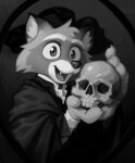  4_fingers anthro big_eyes bone claws cloak clothed clothed_anthro clothed_male clothing cute_fangs digital_media_(artwork) dipstick_ears ear_markings eyebrows facial_markings fangs finger_claws fingers fully_clothed fully_clothed_anthro fully_clothed_male fur greyscale hair half-length_portrait head_markings holding_skull inner_ear_fluff looking_at_viewer male male_anthro mammal markings mask_(marking) monochrome multicolored_body multicolored_ears multicolored_fur open_mouth open_smile portrait procyonid raccoon raymodule raymond_(raymodule) shaded short_hair skull smile smiling_at_viewer solo teeth tongue toony topwear tuft whisker_spots 