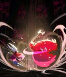  2girls absurdres ant_girl antennae arthropod_girl audience black_eyes black_skin cloak closed_eyes colored_skin commentary dress english_commentary full_body highres holding holding_weapon hollow_eyes hollow_knight hollow_knight:_silksong horned_mask hornet_(hollow_knight) horns looking_at_another mask multicolored_skin multiple_girls needle_(hollow_knight) no_mouth red_cloak red_dress red_skin skarr_scout_(hollow_knight) skarrgard_(hollow_knight) skarrsinger_karmelita_(hollow_knight) sleepycty weapon white_mask 