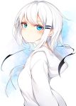  1girl bangs blue_eyes blush breasts hair_between_eyes hair_ornament hairclip highres hood hood_down hoodie looking_at_viewer medium_breasts original otokuyou ringo-chan_(otokuyou) short_hair sidelocks simple_background solo upper_body white_hair 