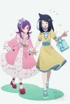  2girls bag black_hair blue_bow blue_hair blue_hairband bow bow_hairband closed_eyes colored_inner_hair commentary_request dot_(pokemon) dress facing_viewer footwear_bow grey_background hair_ornament hairband hairclip highres holding_another's_wrist kokiya liko_(pokemon) long_hair looking_at_another multicolored_hair multiple_girls open_mouth pink_dress pink_hair pokemon pokemon_(anime) pokemon_horizons purple_eyes purple_hair red_bow simple_background smile socks sweatdrop two-tone_hair white_socks yellow_dress 