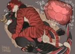  angel_(velvetvlade) anthro anus black_body black_countershading claws countershading curled_horn dangodragon dragon duo entwined_tails eyes_closed facial_markings felid from_front_position frottage_in_slit genitals hair head_markings hi_res horn internal internal_slit kissing_while_penetrated knot knotted_penis lying male male/male mammal markings missionary_position multi_horn mythological_creature mythological_scalie mythology nipples nude on_back penetration penile penile_penetration penis penis_in_slit penises_touching pink_nipples prehistoric_species saber-toothed_tiger scalie sex signature slit_penetration slit_play sound_effects spiked_knot striped_body stripes tail tail_coil toe_claws white_body white_countershading white_hair white_inner_ear 