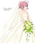  aoba_(kantai_collection) blue_eyes bouquet bridal_veil dress flower kantai_collection looking_at_viewer pink_hair ponytail short_hair short_ponytail simple_background smile solo strapless strapless_dress twitter_username veil wedding_dress white_background white_dress yamashiki_(orca_buteo) 