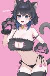  1girl :d absurdres animal_ear_legwear animal_ears animal_hands bell black_bra black_hair black_panties blue_eyes blue_hair bow bow_earrings bra breasts cat_cutout cat_ear_legwear cat_ear_panties cat_ears cat_girl cat_lingerie cat_tail cleavage cleavage_cutout clothing_cutout collar commentary double-parted_bangs earrings extra_ears frilled_bra frills gloves hair_between_eyes hair_intakes hand_up highleg highleg_panties highres hololive jewelry jingle_bell kemonomimi_mode large_breasts looking_at_viewer migokami navel neck_bell open_mouth ouro_kronii panties paw_gloves pink_background pink_collar short_hair side-tie_panties simple_background smile solo stomach strap_slip tail teeth underwear underwear_only upper_teeth_only virtual_youtuber 