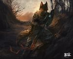  5_fingers anthro blue_nose brown_fur canine clothed clothing detailed_background digitigrade fur holding_object holding_weapon male mammal solo standing tatiilange weapon wolf 