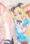  1girl alice's_adventures_in_wonderland alice_(alice_in_wonderland) apron black_bow black_bowtie black_hairband black_shoes blonde_hair blue_dress blue_eyes bow bowtie chair commentary_request crack dress giant giantess hairband highres long_hair looking_at_viewer marker_(medium) mary_janes puffy_short_sleeves puffy_sleeves shoes short_sleeves socks solo traditional_media twitter_username watermark white_apron white_socks yuiki_(cube) 